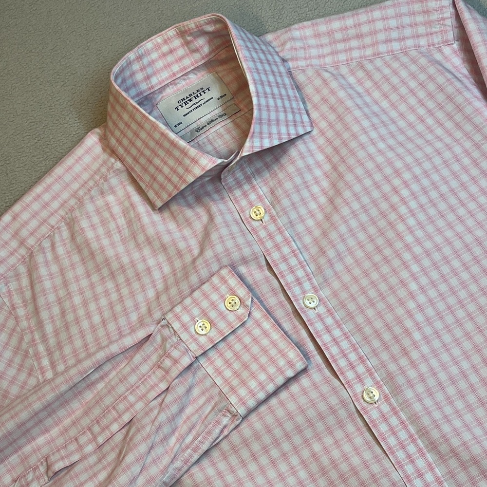 Charles Tyrwhitt Men's 16/38 Shirt Pink White Check Extra Slim Fit Jermyn St
